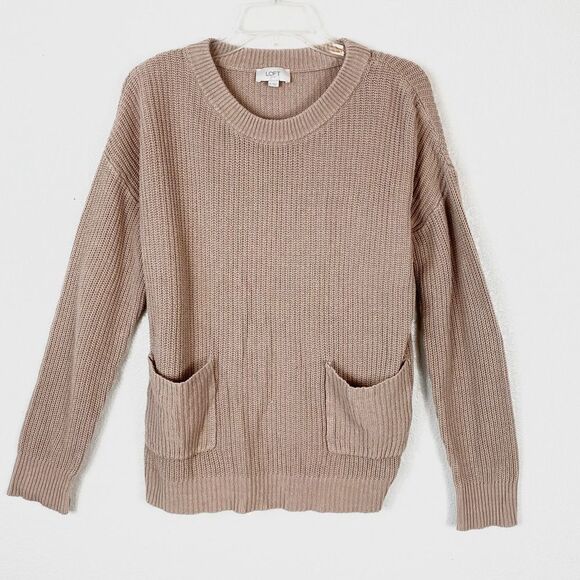 Loft Tan Ribbed Knit Pocket Front Sweater - Picture 2 of 5